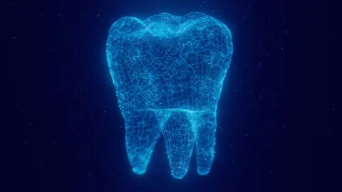 Rotating digital tooth constructed with glowing points, dots. Tooth with flowing Stock Footage 330666995