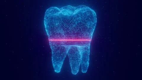 Rotating digital tooth constructed with glowing points, dots and scanning laser Stock Footage 331196146