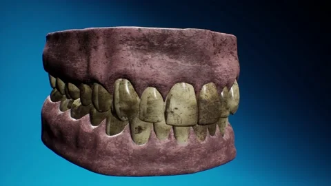 A Rotating dirty teeth dentures behind blue background Stock Footage 155302229