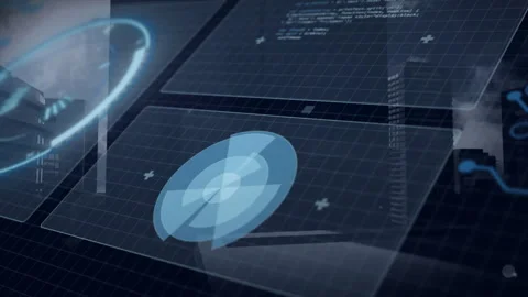 Rotating disc and data processing animation on digital interface with grid Stock Footage 304310689