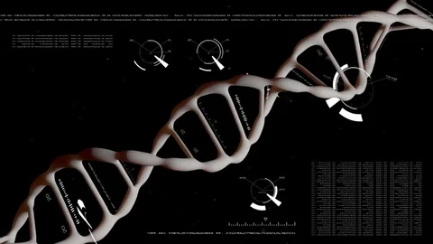 Rotating DNA with data processing background. Genetic engineering scientific Stock Footage 77731881