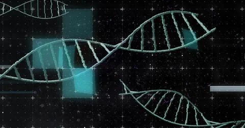 Rotating DNA double helix in data scene with plus-sign grid, teal rectangles, Foto stock