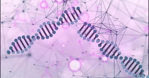 Rotating DNA double helix floating in network visualization with network nodes Foto stock