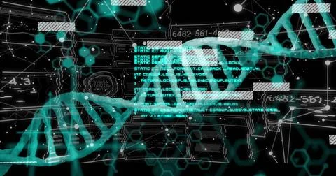 Rotating DNA double helix moving across virtual genomic analysis display, with 库存插图