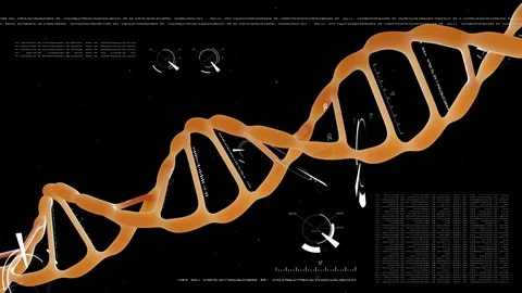 Rotating DNA with formula and data processing background. Backlight. Genetic Video stock 93612810