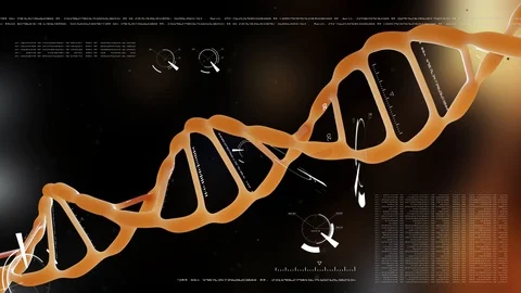 Rotating DNA with formula and data processing background. Backlight. Genetic Stock Footage 93612817