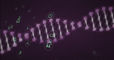 Rotating DNA helix in digital interface, with power on, CO2, factory, wind Stock Illustration