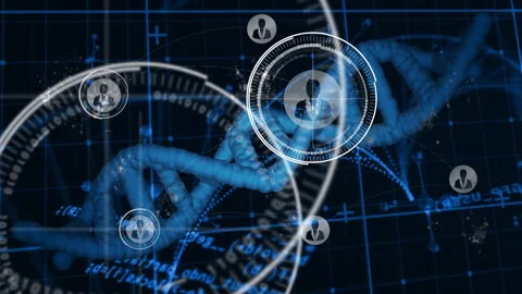 Rotating DNA helix materializing scanning reticle and rings linking user icons Stock Footage 311416868