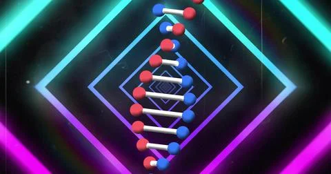 Rotating DNA helix model glowing in abstract studio, with neon diamond frames, Stock Illustration