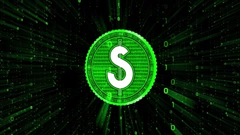 Rotating dollar coin, matrix style binary code in background Stock Footage 314199514