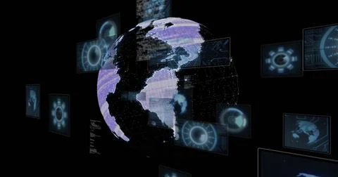 Rotating dot matrix digital globe spinning in digital interface, with Stock Photos