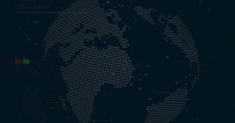 Rotating dot-matrix globe illuminating digital interface, with scattered data 写真素材