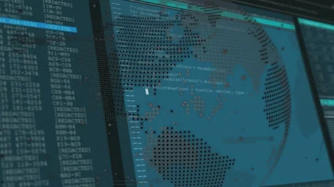 Rotating dot-matrix globe shifting onto monitors, marking flagged data, updating Vídeos de archivo 317593218