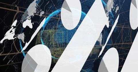 Rotating dotted blue globe in data backdrop, with white diagonals showing Stock Illustration