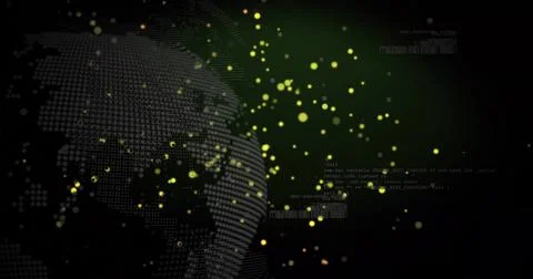 Rotating dotted digital globe showing yellow particles and code fragments in Stock Illustration