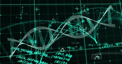 Rotating dotted DNA helix twisting across teal grid on data load, visualizing Stock Photos