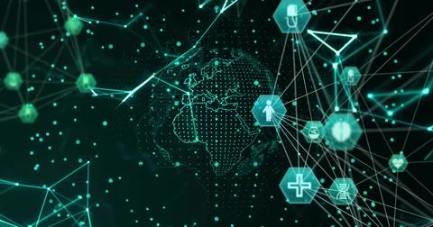 Rotating dotted globe in cyberspace network data points, with hex nodes user, Stock Photos