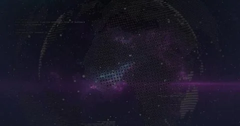 Rotating dotted globe displaying data visualization in outer space, with nebula, Stock Photos