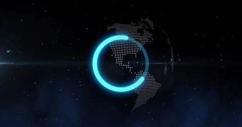 Rotating dotted globe of Earth in outer space, with blue progress ring, lens Stock Illustration