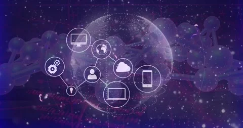 Rotating dotted globe initiating icons appearing and linking, cloud pulsing, Stock Footage 330159824