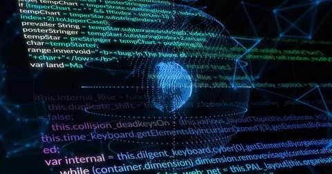 Rotating dotted globe intersecting wireframe network on dark virtual canvas, Stock-Illustration