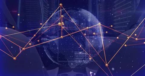 Rotating dotted globe pulsing orange-gold network lines in data hub, showing  Stock Illustration