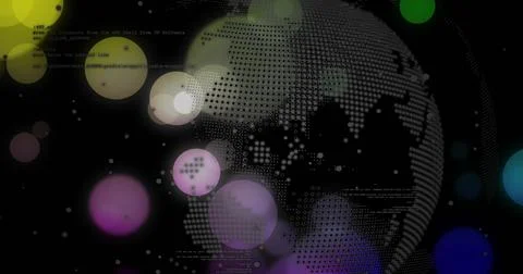 Rotating dotted globe revolving in digital space, with colored orbs and code Stock Illustration