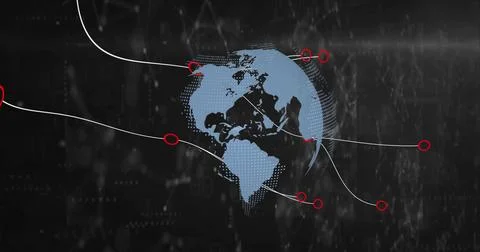 Rotating dotted globe showing network links in data matrix, with white curved Stock Photos