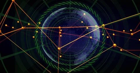 Rotating dotted globe in virtual HUD, with green rings, orange yellow lines and Stock Photos