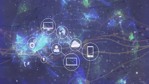 Rotating dotted spiral initiating cloud icon spawning 9 icons forming network Stock Footage 310438079