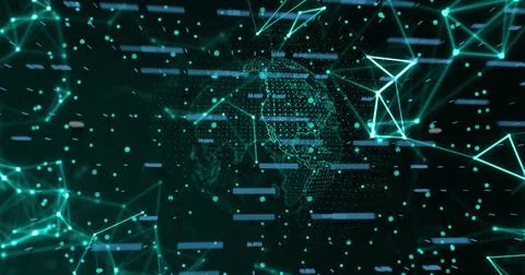 Rotating dotted wireframe globe pulsing in virtual network, with glowing nodes 写真素材