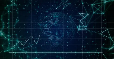 Rotating dotted wireframe globe showing Americas, pulsing nodes moving in data イラスト素材