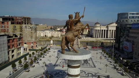 Rotating drone shot of Alexander the Great monument in Skopje, Macedonia Stock Footage 85869987