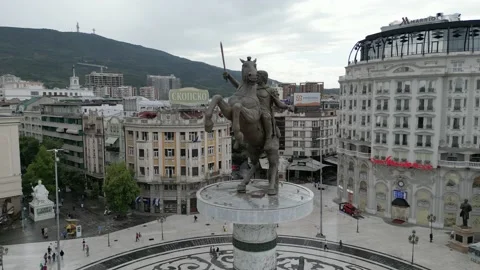 Rotating Drone Shot of the Alexander Statue in Skopje Macedonia Stock Footage 214313075