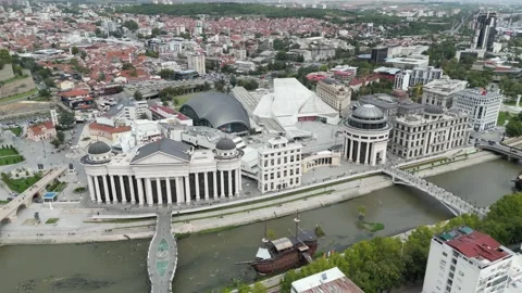 Rotating Drone Shot of the Archeological Museum in Skopje Stock Footage 214313495