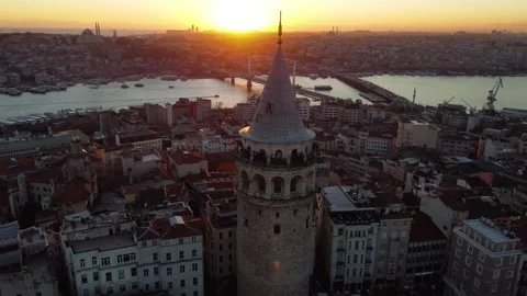 Rotating drone shot of Galata Tower during sunset, Istanbul, Turkey 4K Stock Footage 166321164