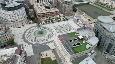 Rotating Drone Shot of the Main Square, Alexander Statue in Skopje Macedonia Stock Footage 214313486