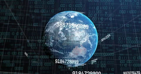 Rotating Earth with binary code and numbers, representing global data processing Video stock 310867351