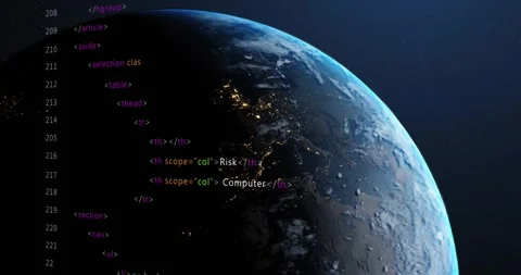 Rotating Earth causing HTML overlay updating table headings, nav links creating Stock Footage 328464154