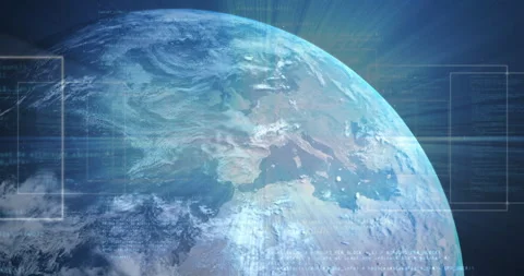 Rotating Earth with data processing animation over continents and oceans Stock Footage 303685033