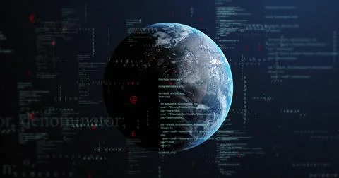 Rotating Earth floating in dark space, with code snippets, binary digits and Stock Illustration