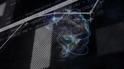 Rotating Earth globe floating in space, sliding stripes, tracing blue trails, Stock Footage 311083556