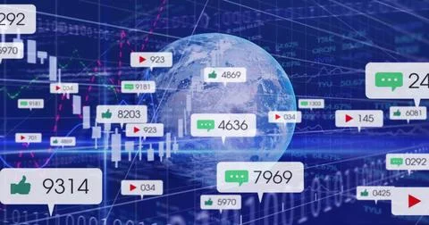 Rotating Earth globe showing analytics in dashboard, with candlesticks, chat Stock Illustration