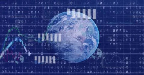 Rotating Earth globe showing binary, line charts, candlesticks, numeric labels Stock Photos