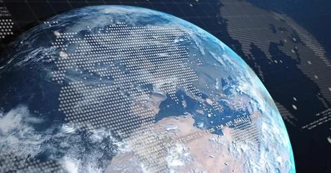 Rotating Earth globe showing data overlays and alphanumeric text over space grid Stock Illustration