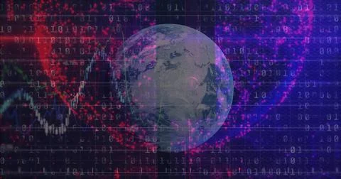 Rotating Earth globe showing data streams in tech grid, with binary code and red 库存照片
