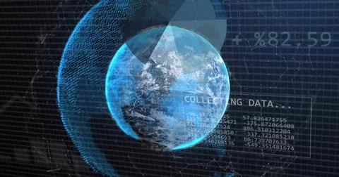 Rotating Earth globe showing data on console, with wireframe hemisphere, rings, Stock Photos
