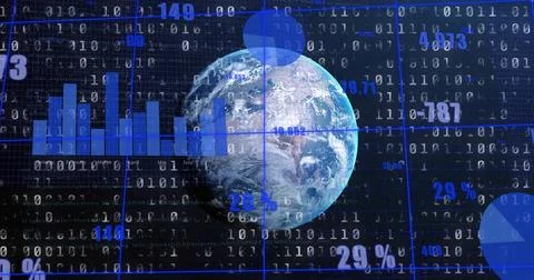 Rotating Earth globe showing data overlays in analytics dashboard, with binary Stock Photos
