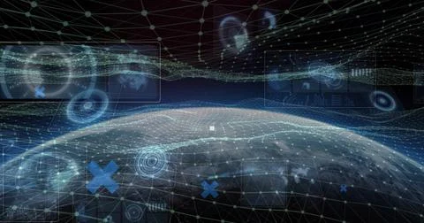 Rotating Earth-like globe showing wireframe mesh in cyberspace, HUD overlays, Illustrazione stock