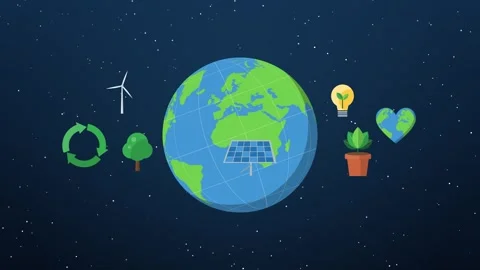 Rotating Earth globe in space with eco icons orbiting around it Stock-Footage 348618245